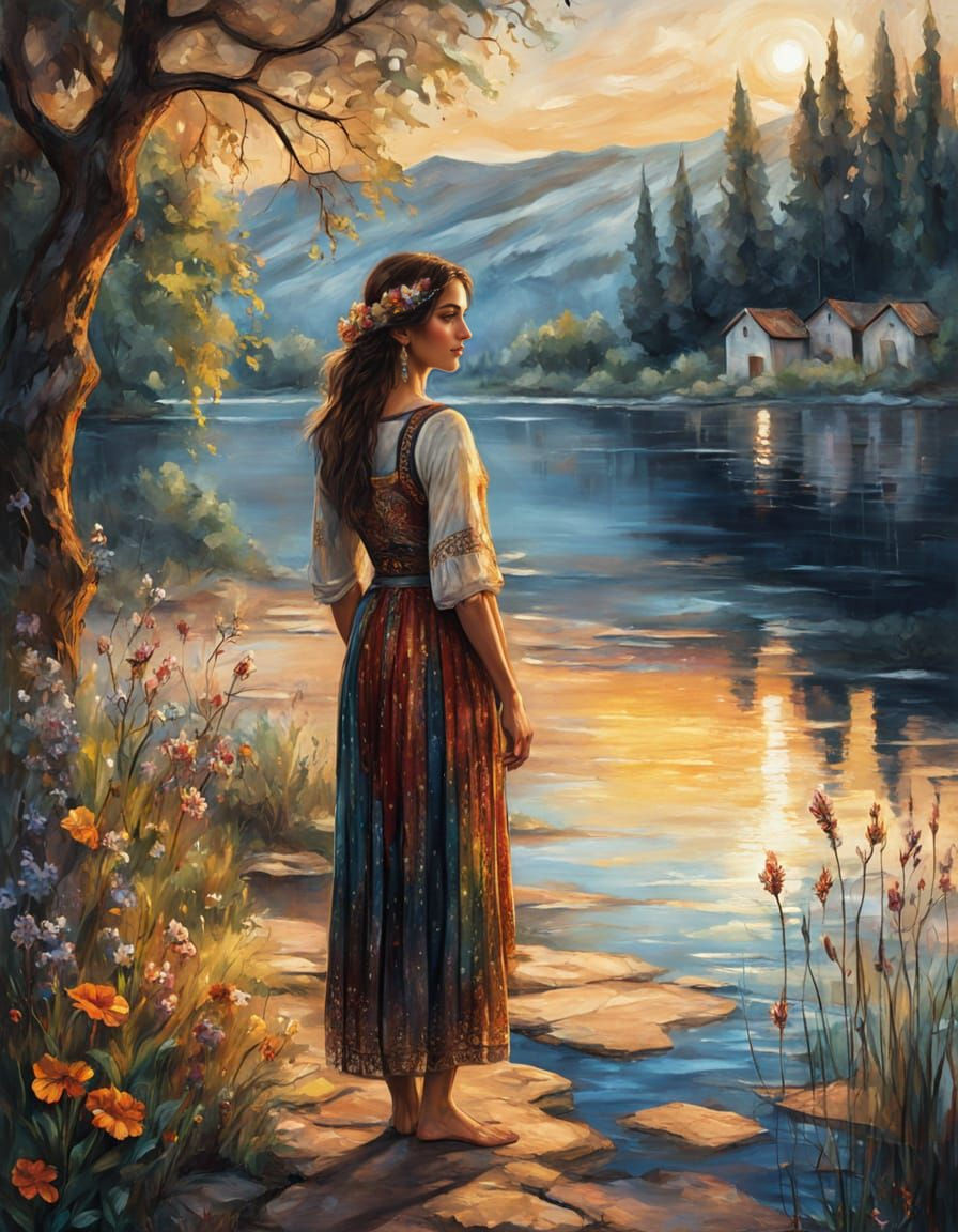 Gypsy Girl by Croatian Lake in Oil Painting Style