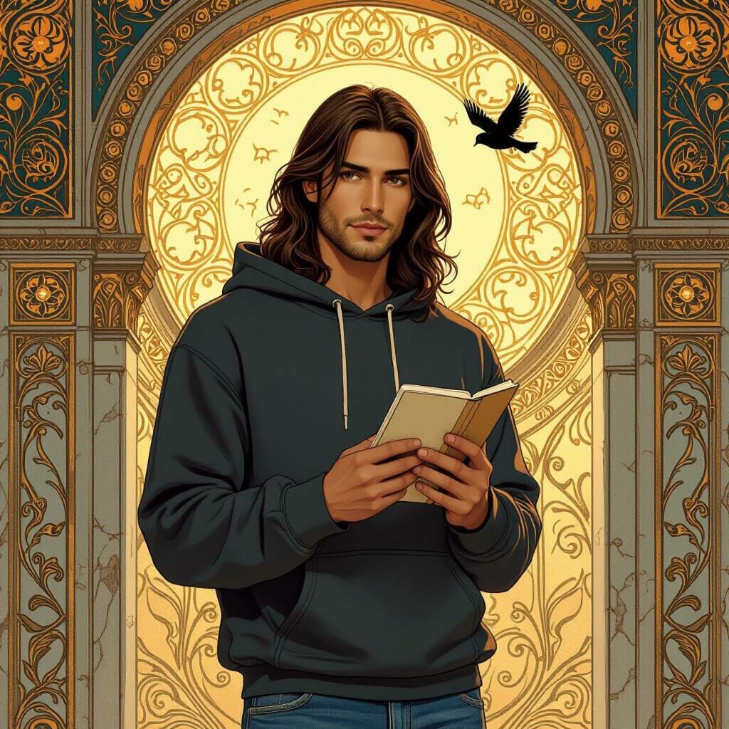 Hooded Man in Art Nouveau Setting with Bird