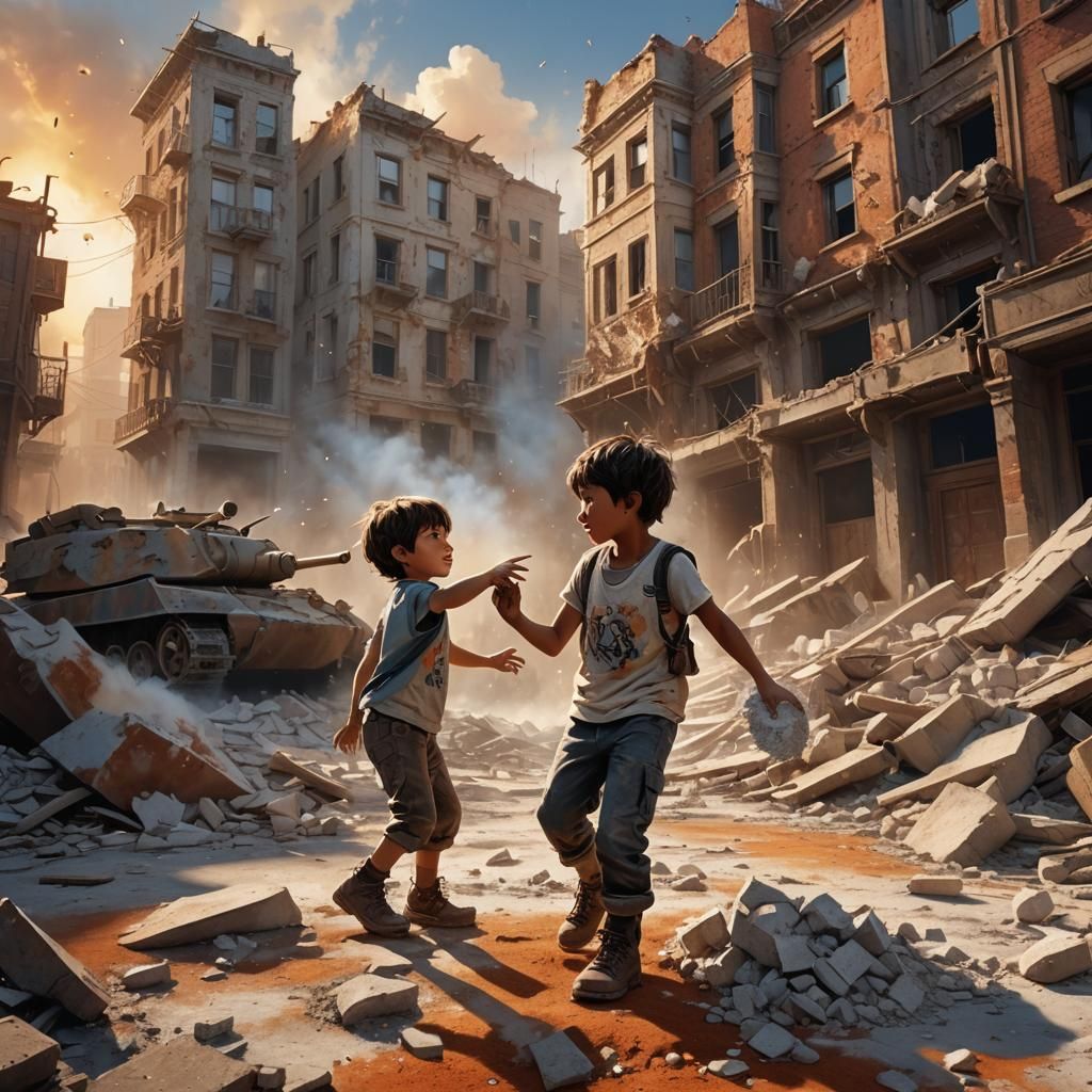 War-Torn Cityscape: Child, Flour, and Tank in Matte Painting