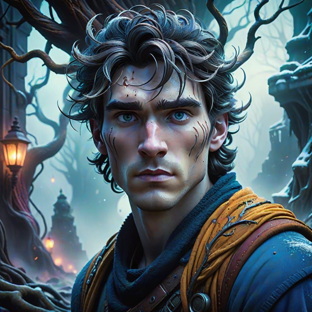 Ethereal Young Man with Serpentine Hair and Mesmerizing Gaze