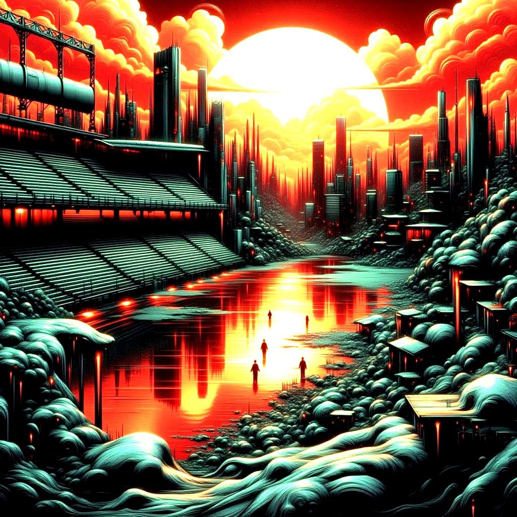 A desolate, post-apocalyptic  stadium