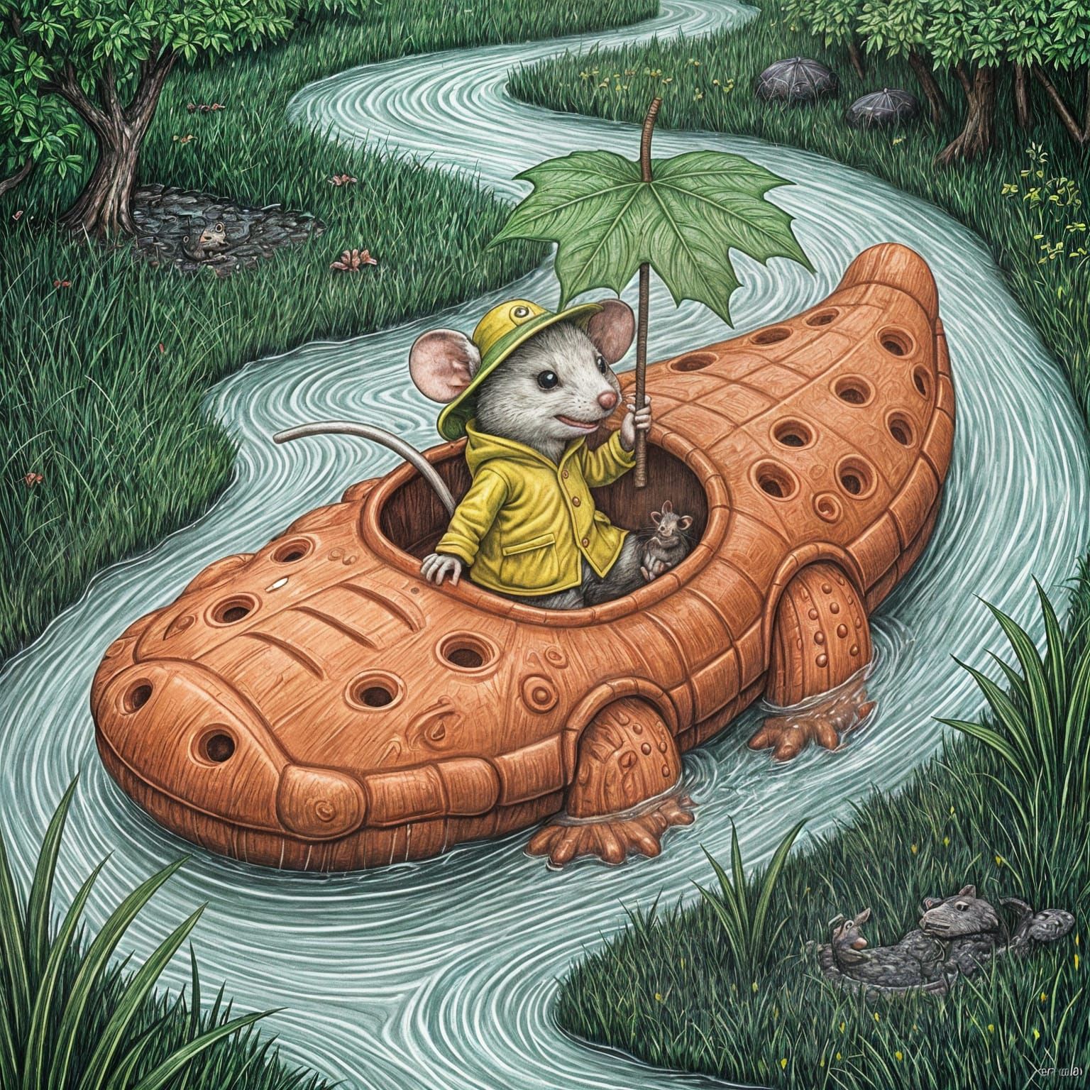 Mouse in Croc Boat, Charcoal Drawing