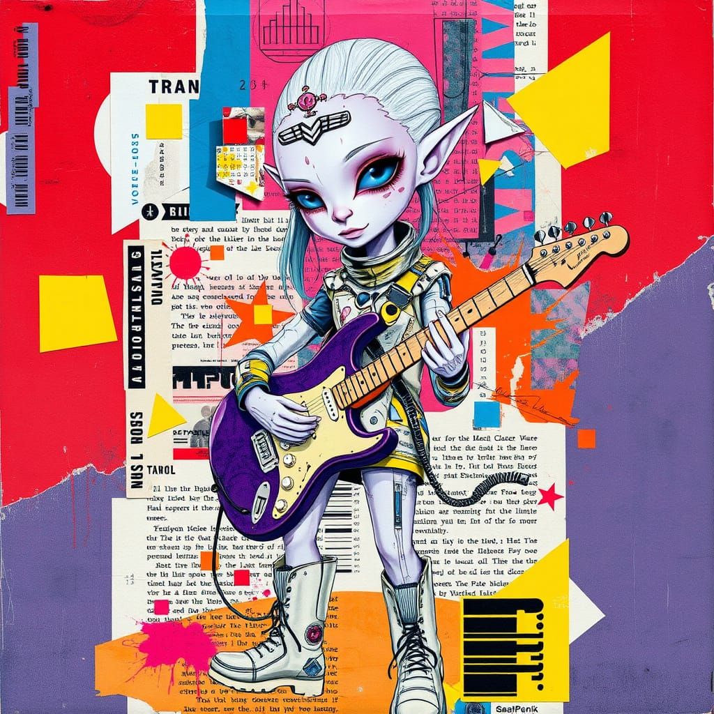 Cyberpunk Albino Alien Girl with Fragmented Guitar