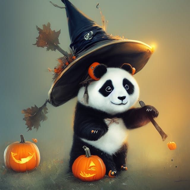 Cute Panda Witch with Pumpkins, Hyperrealistic Art