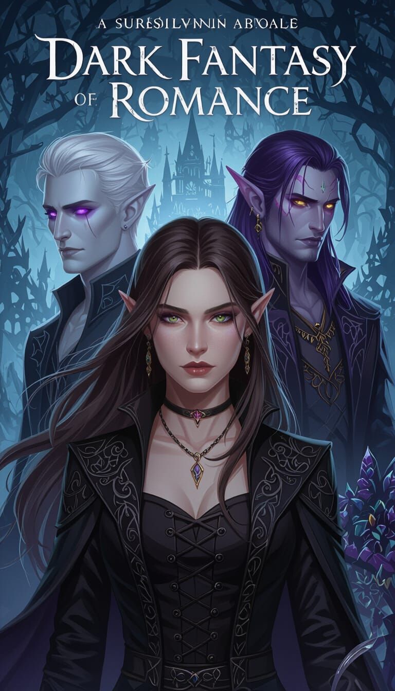Dark Fantasy Romance Book Cover with Four Suitors