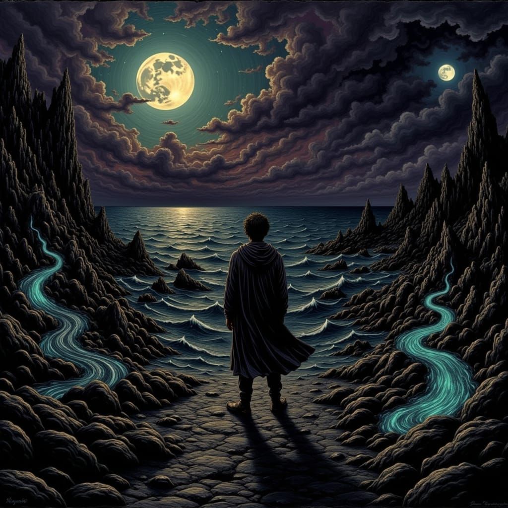 Surreal Dark Landscape with Lone Figure Under Twin Moons