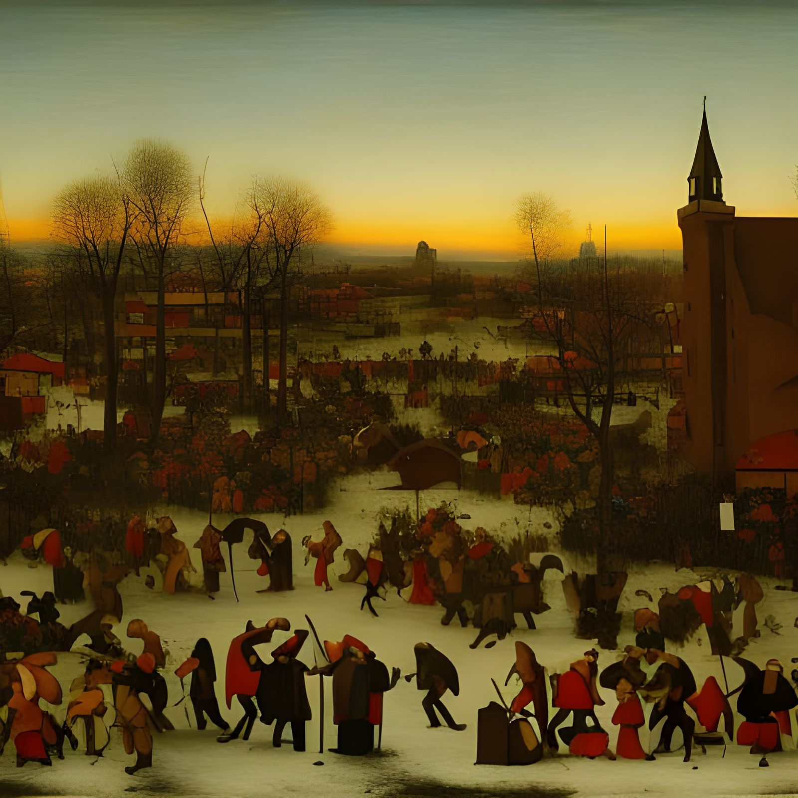 Crowded Flea Market at Snowy Sunset: Oil Painting