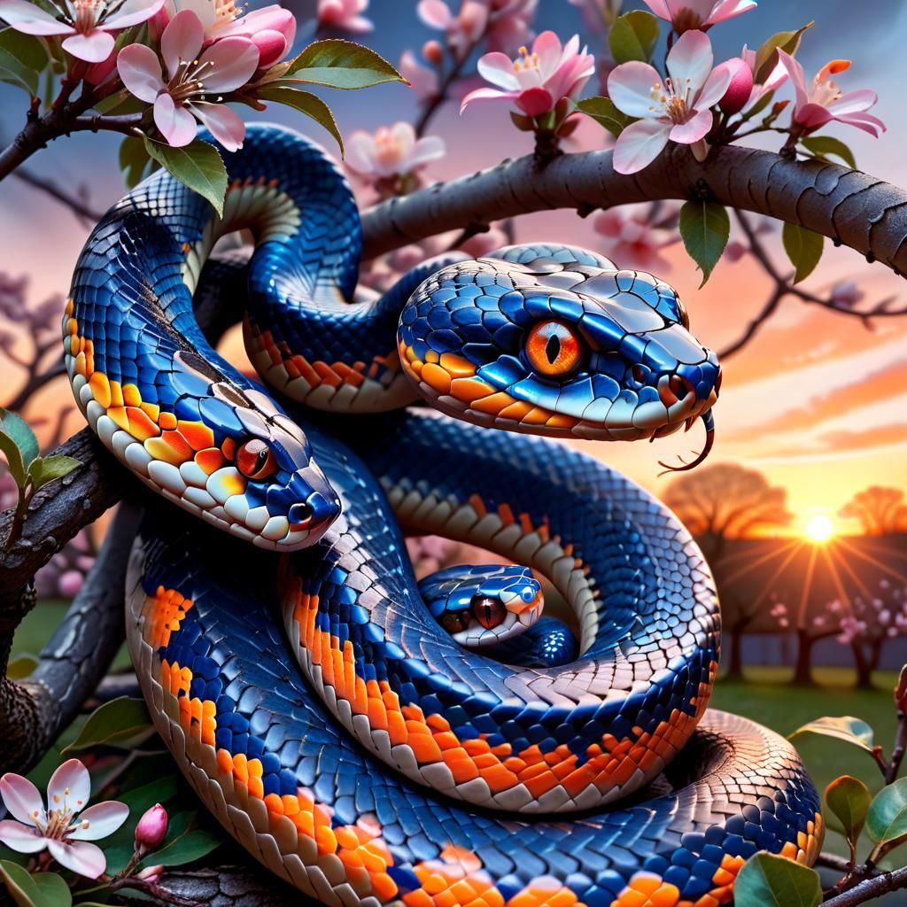 Blue and Orange Snake Coiled Around Blossoms