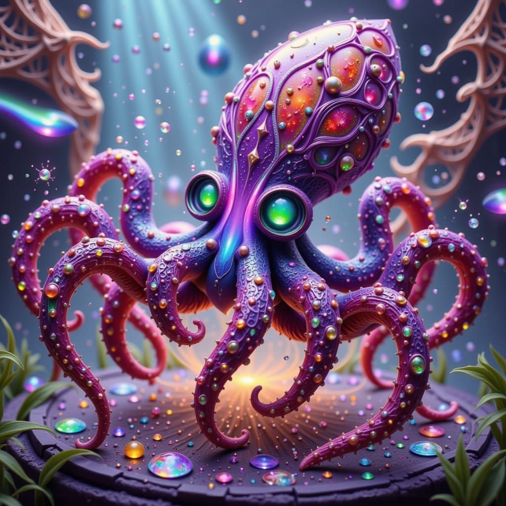 Whimsical Octo-Spider Hybrid in Iridescent Webs