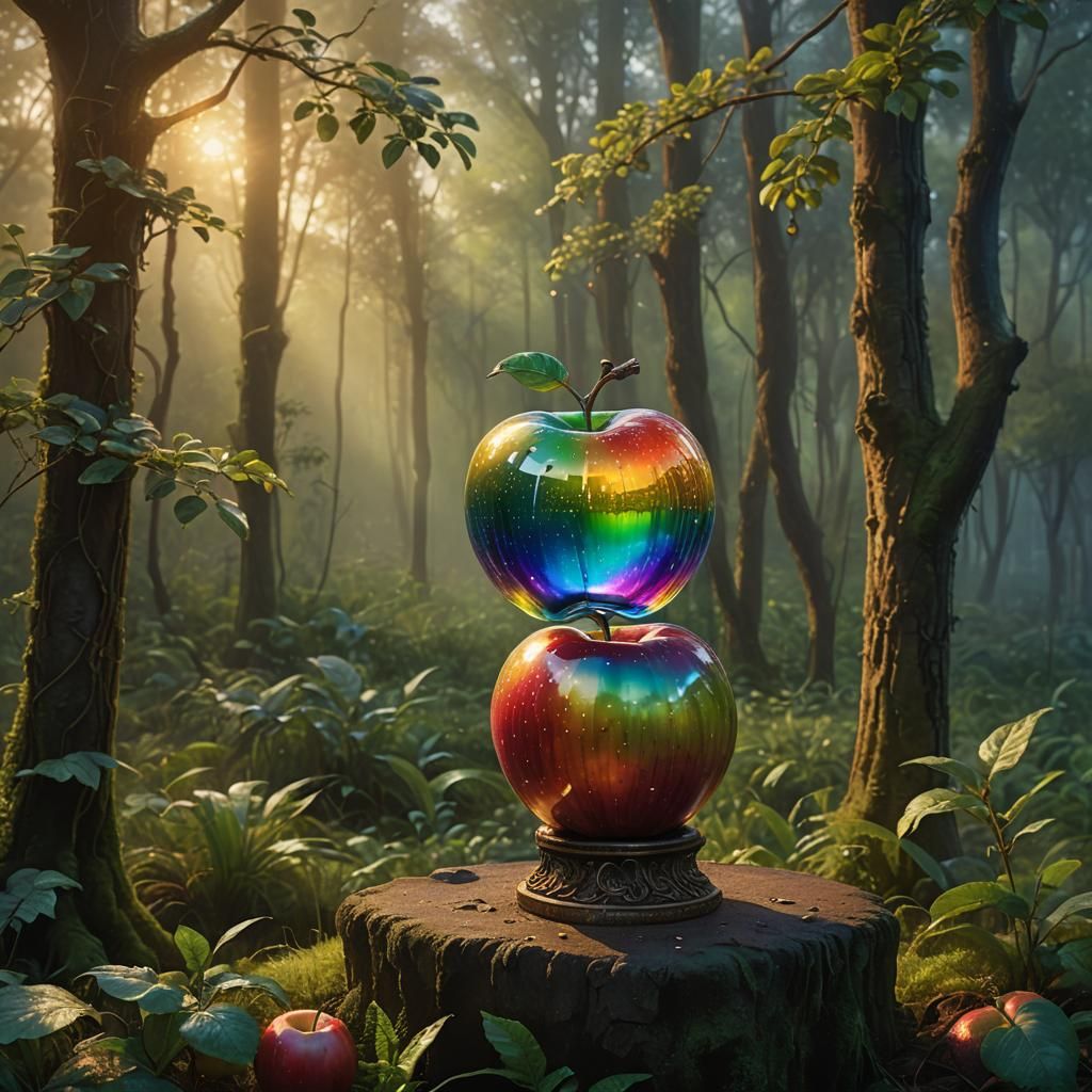 Rainbow Glass Apple in Lush Forest, Oil Painting
