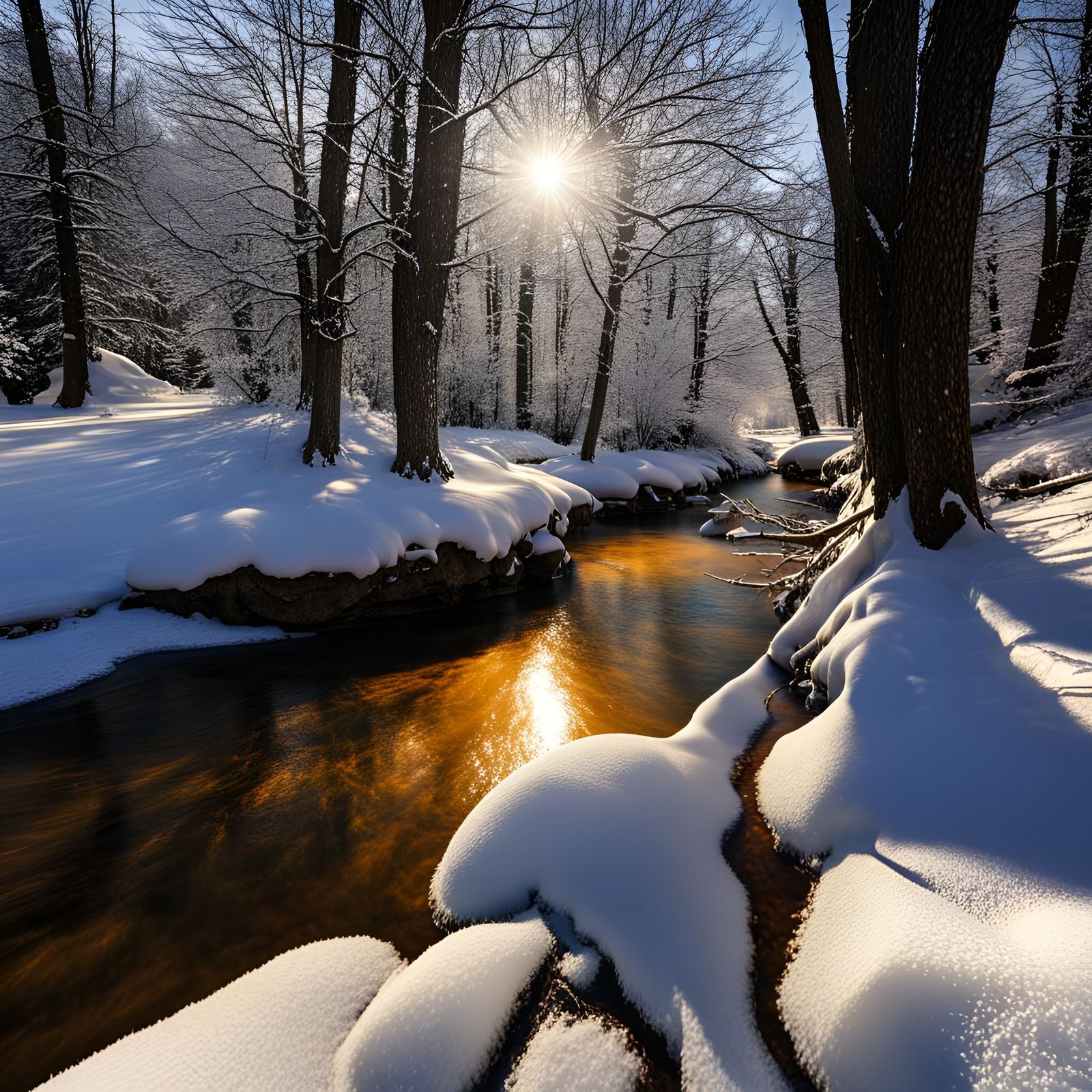 Golden Sunlight on Frozen Creek in Transylvania