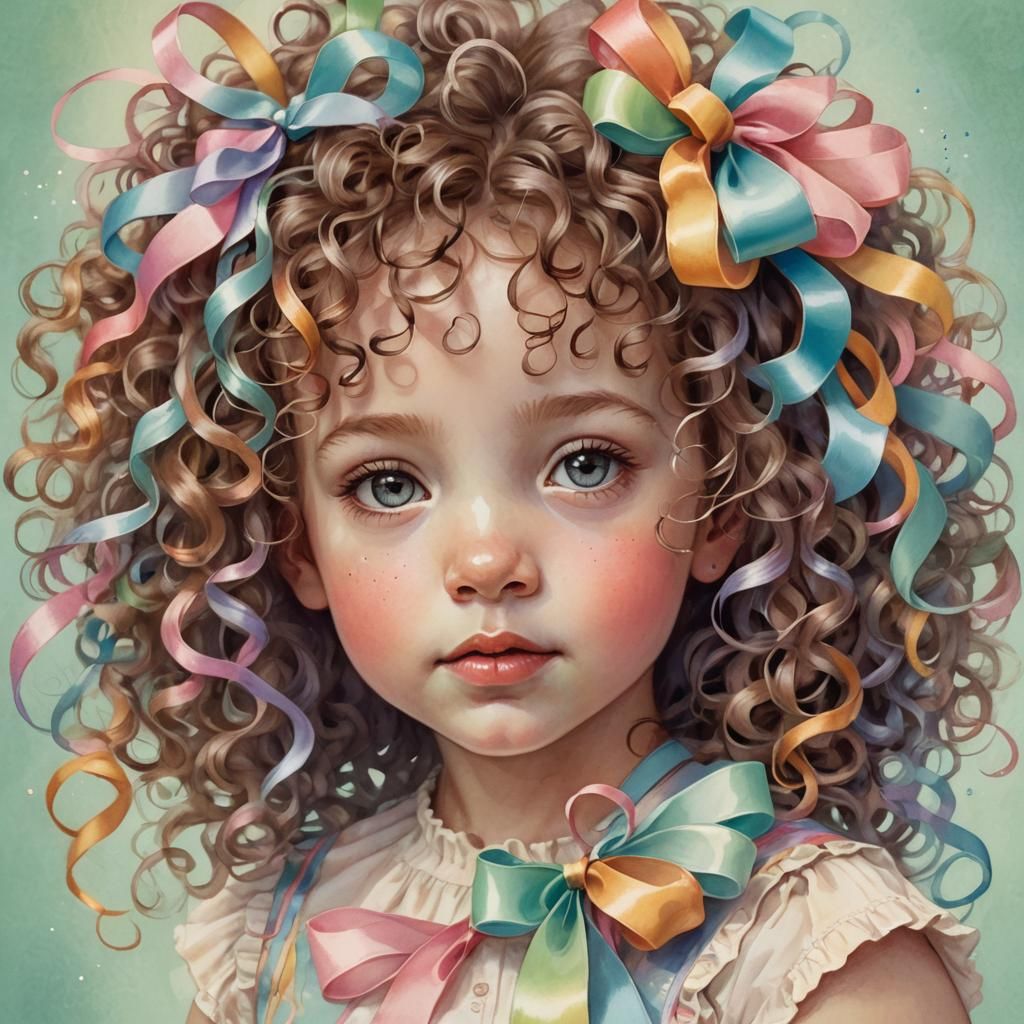 Whimsical Curly-Haired Toddler with Colorful Ribbons