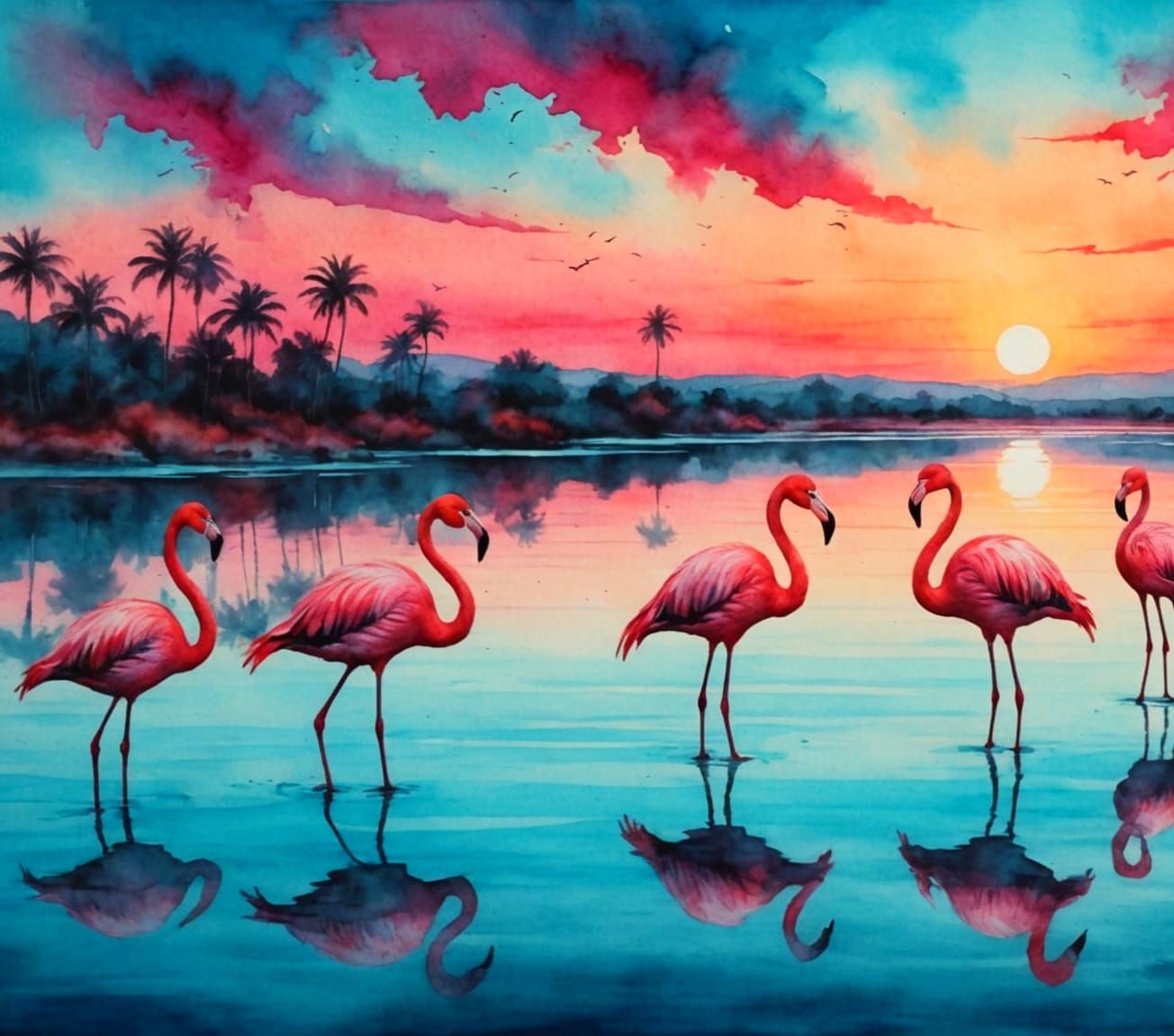 Flamingos in Lagoon at Sunset: Watercolor Painting