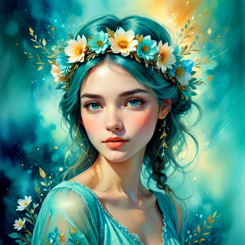 Enchanting Girl with Floral Headband in Watercolor Style