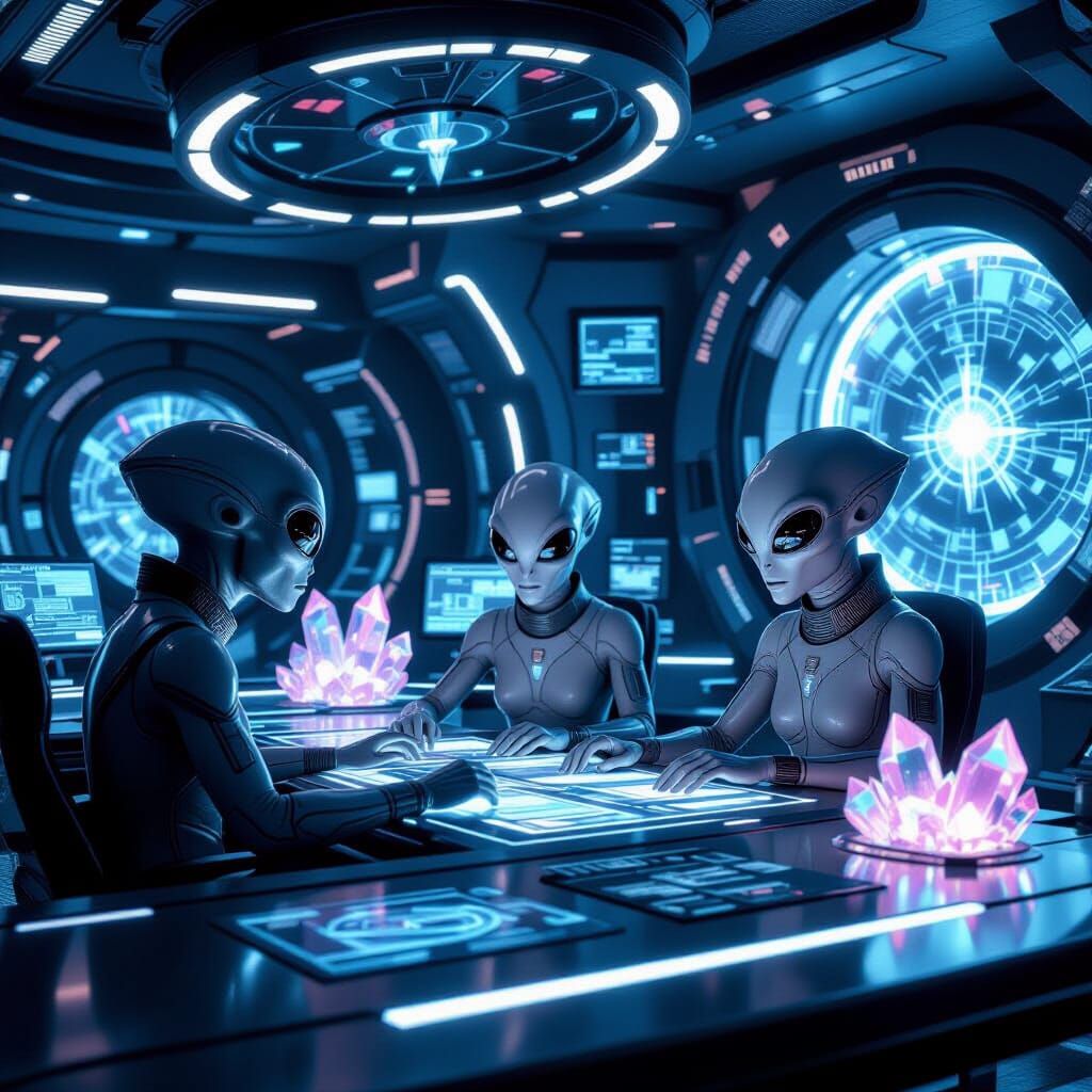 UFO Command Center with Gray Aliens in Cinematic 3D Style