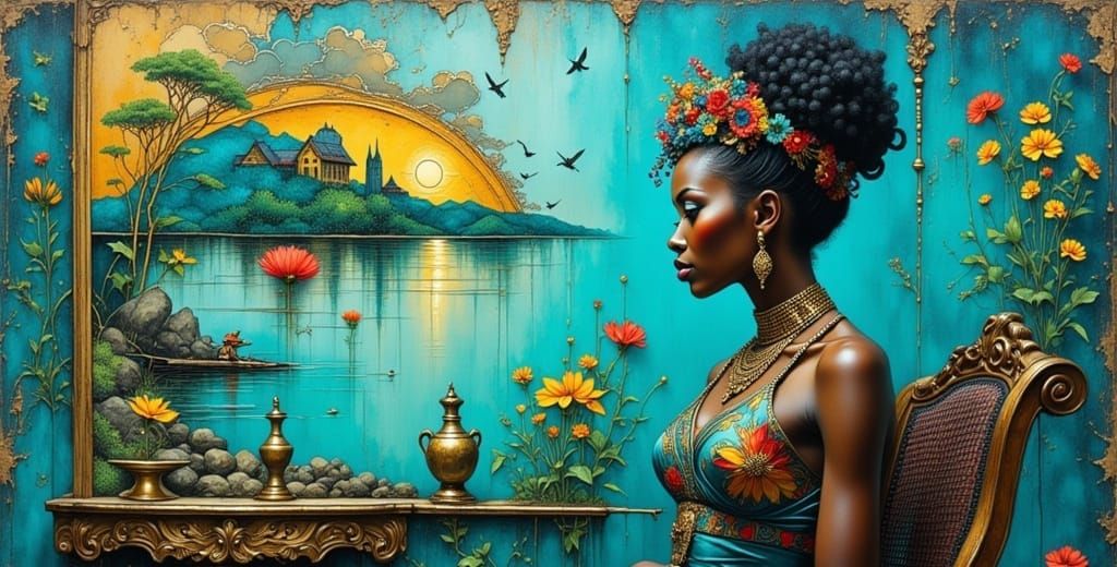 Turquoise Portrait of Caribbean Woman in Impasto Style