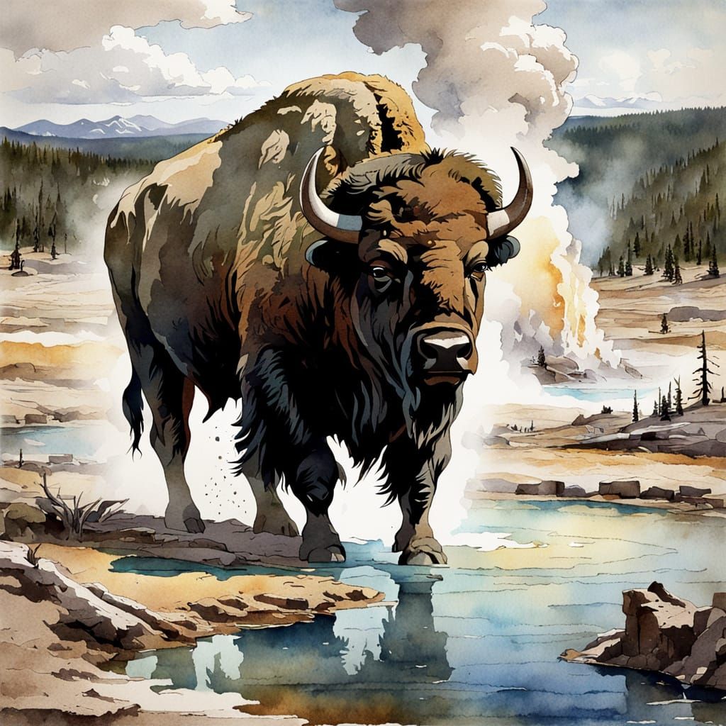 Watercolor Buffalo and Geyser in Yellowstone