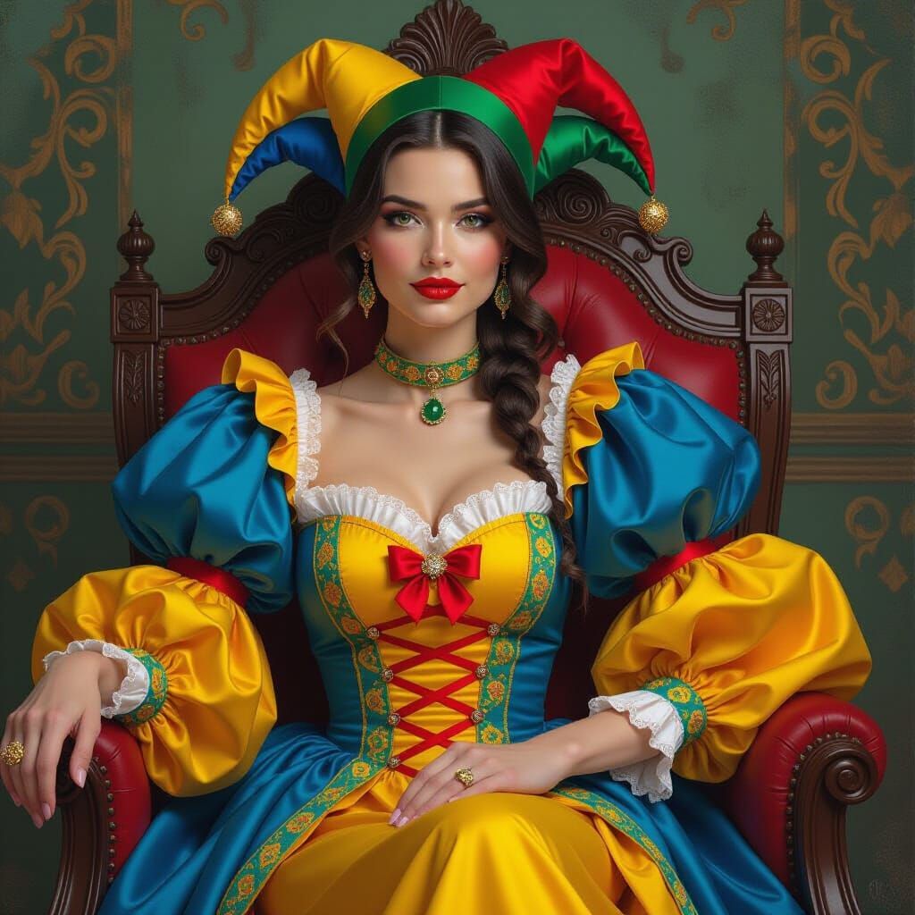Beautiful Jester Woman in Ornate Setting, Photorealistic Det...
