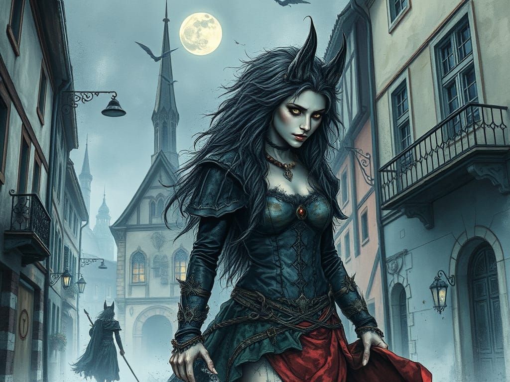 Heavy-metal female werewolf roaming the streets of medieval old town of Tallinn.