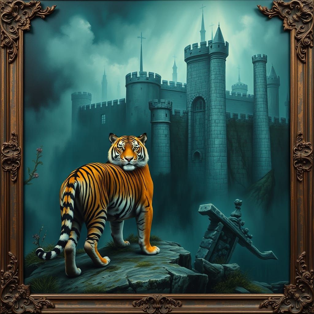Tiger Guarding Medieval Fortress in Eerie Blue-Green Haze