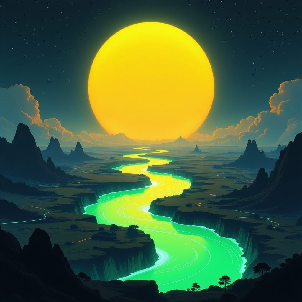 Exoplanet with Neon River in Futuristic Style