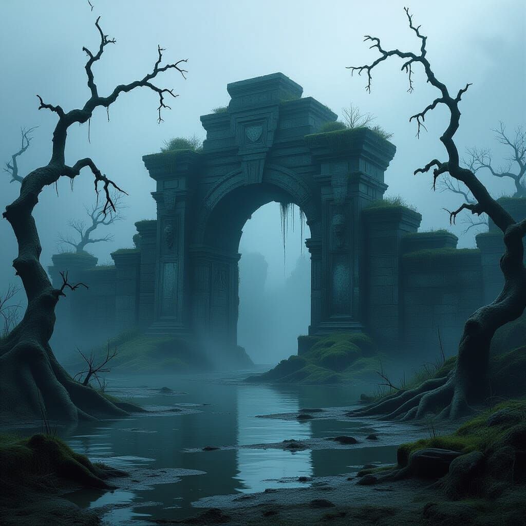 Ancient Stone Gate in Foggy Swamp, Dark Fantasy Art