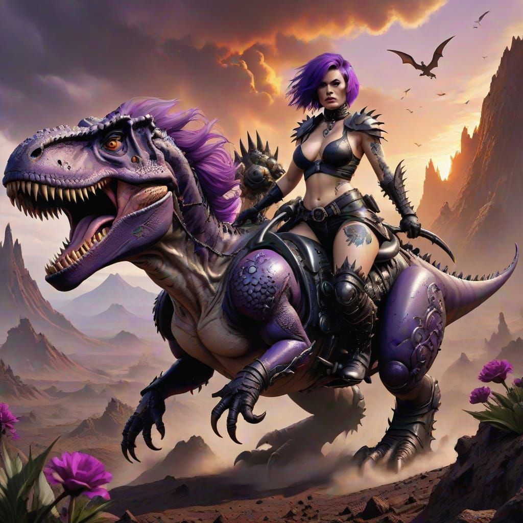 Voluptuous Emo Woman Rides T-Rex in Volcanic Landscape