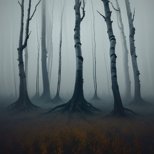 Surreal Birch Landscape with Twisted Trees and Eerie Atmosph...