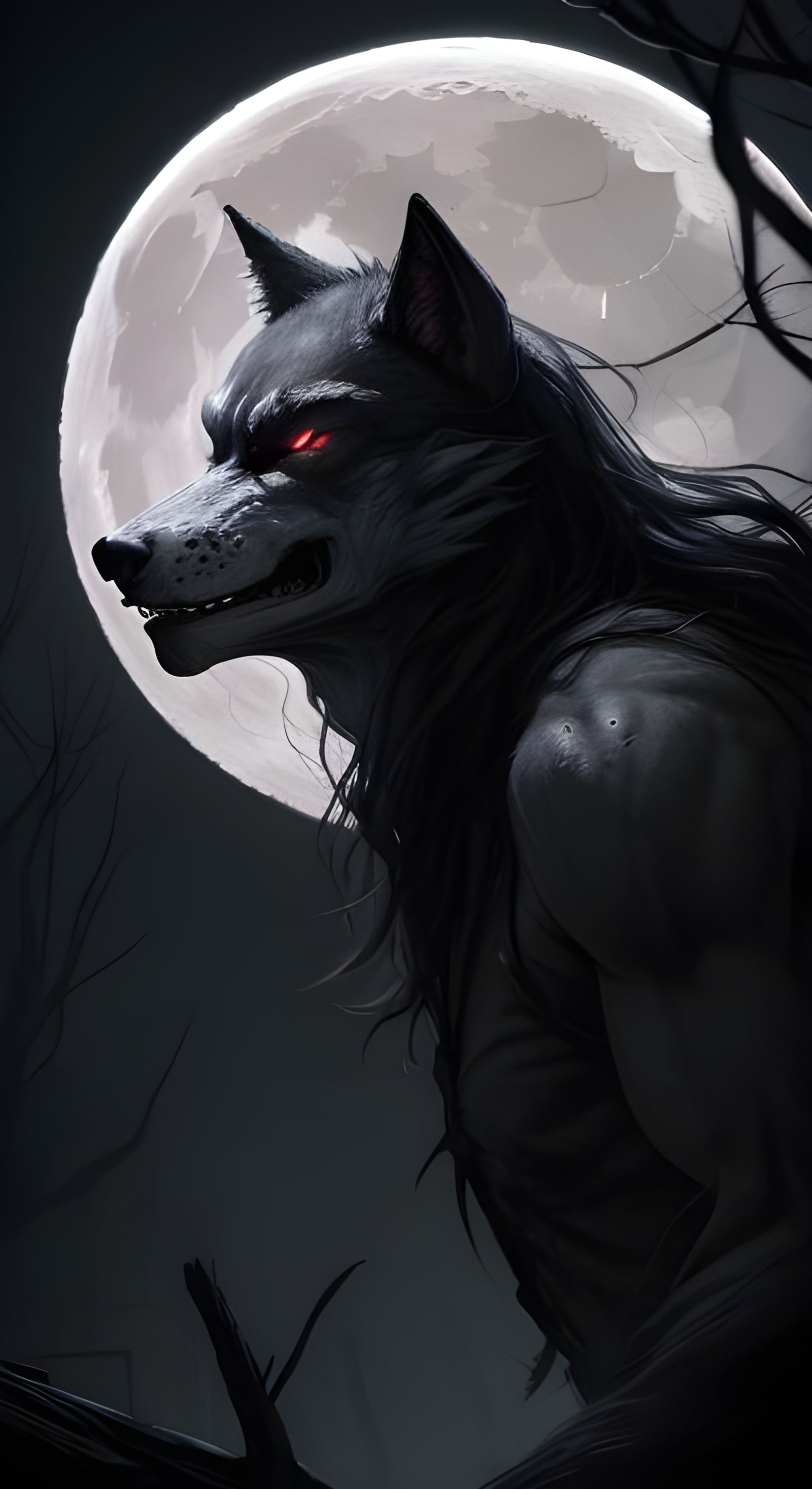 Sinister Werewolf Face in Moonlight, Greg Rutkowski Style