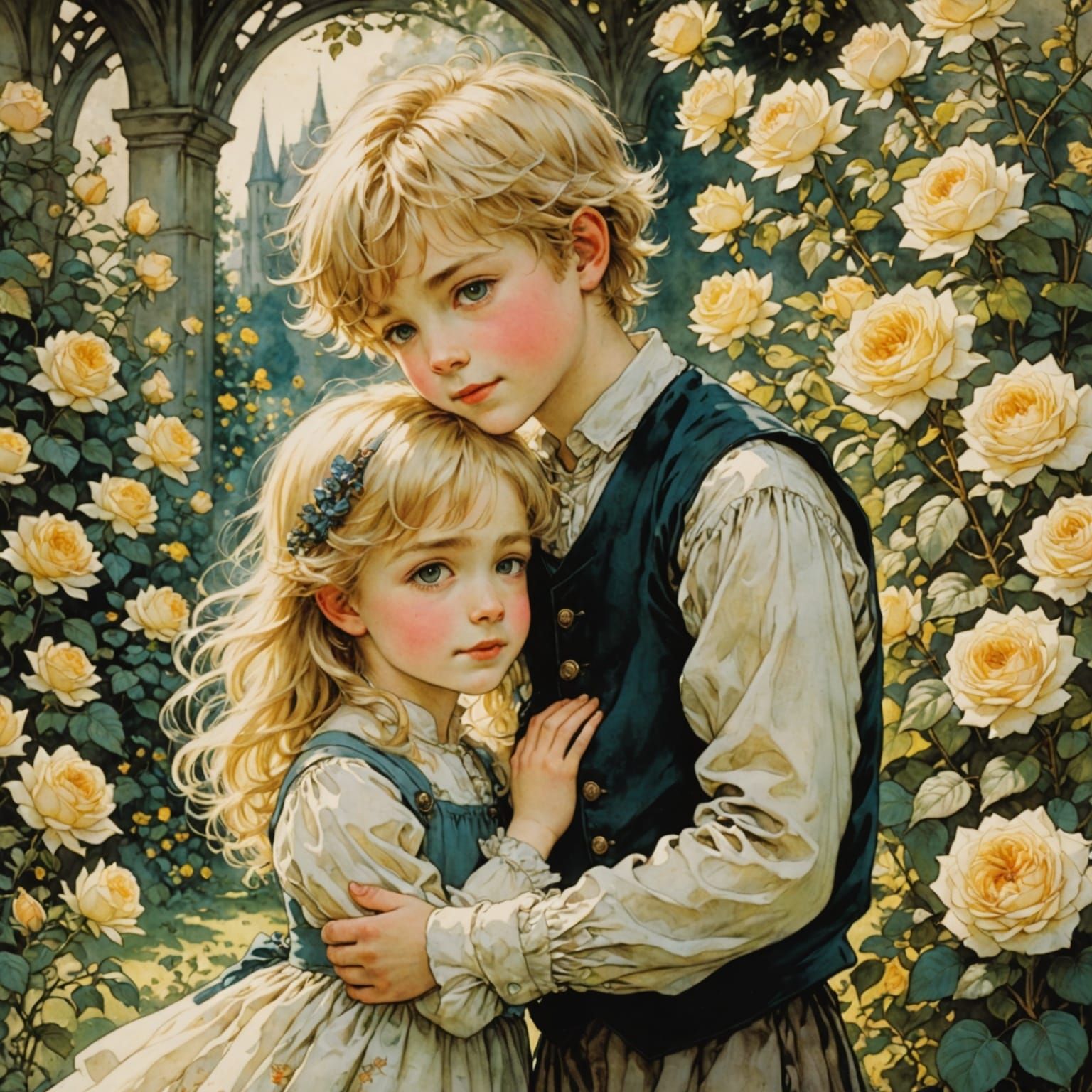 Brother and Sister in Sunny Rose Garden