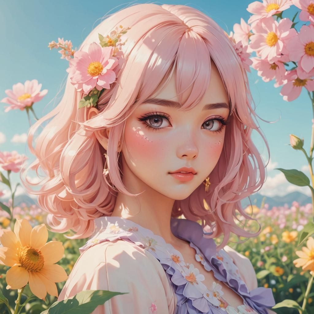 Cute Latina Anime Girl in Flower Field