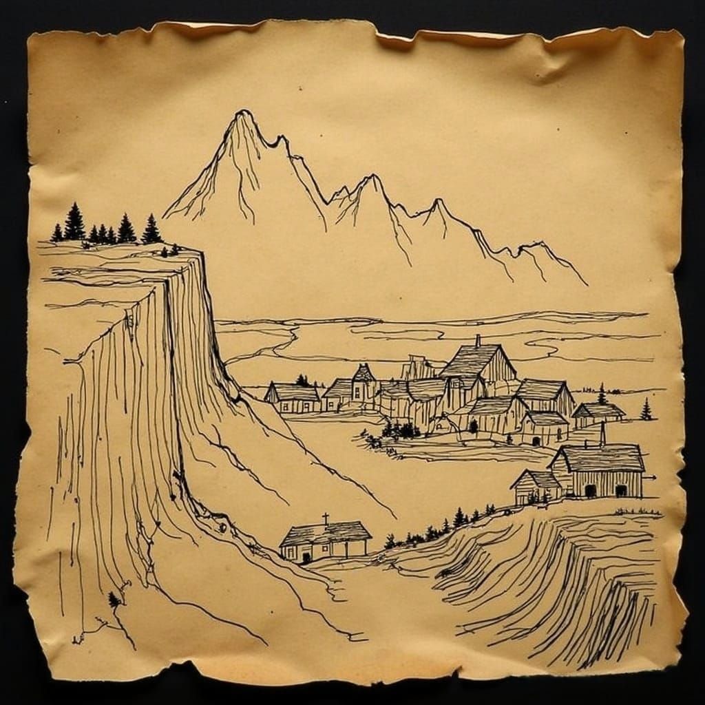 Naive Western Town Sketch in Folk Art Style