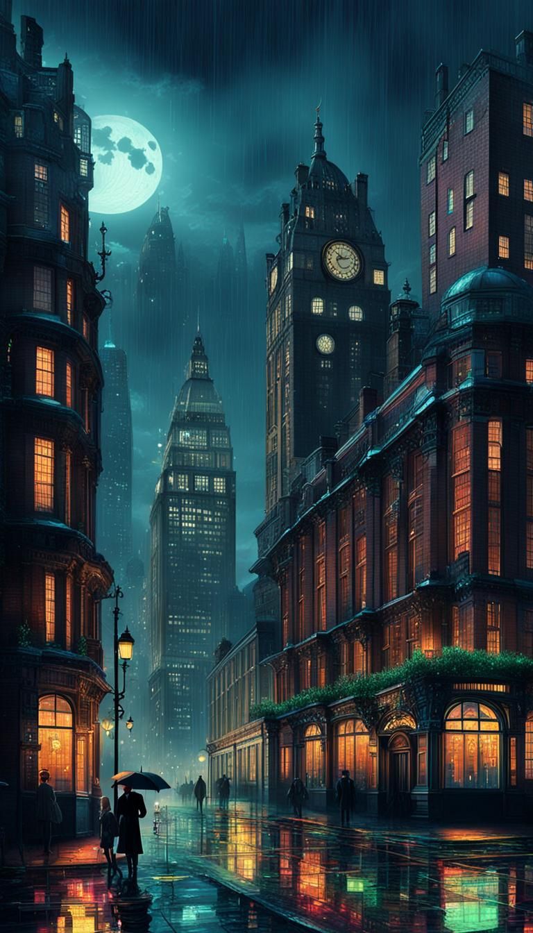 Steampunk London: Moody Skyscrapers in Moonlight