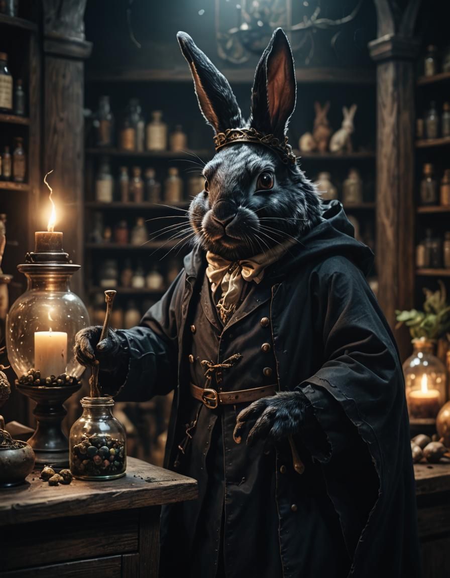 black bunny wizard in apothecary background depth with 10 layers optimize layering still motion effect 2d-3d effect 4k h...