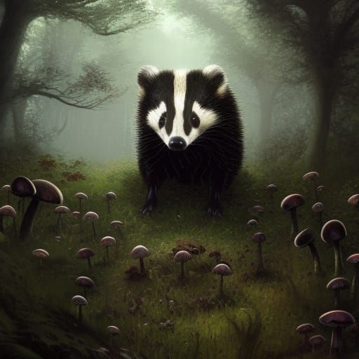 Cottagecore Badger in Mushroom Forest: Dark Fantasy Art