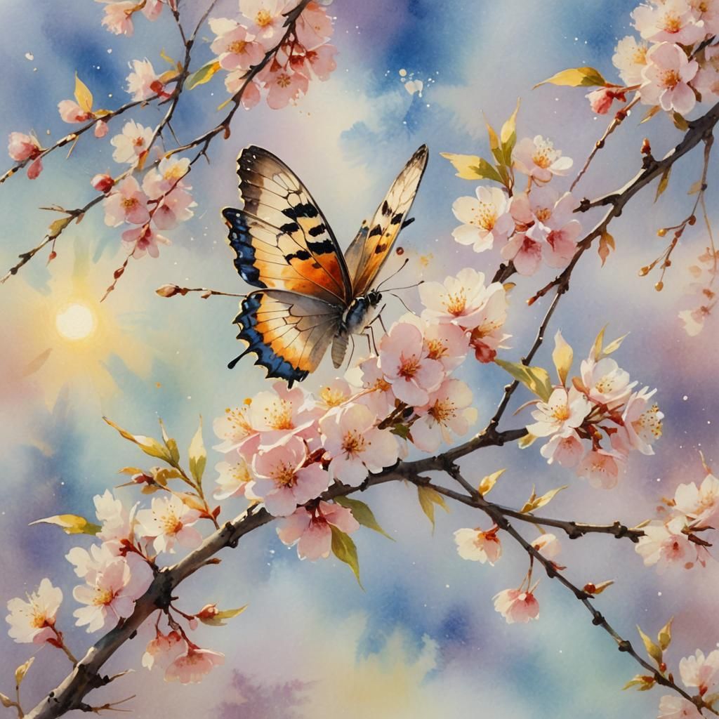 Butterfly on Cherry Branch Watercolor in Impressionist Style