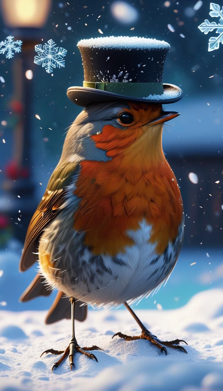 Charming Robin in Top Hat Winters in Snowy Garden