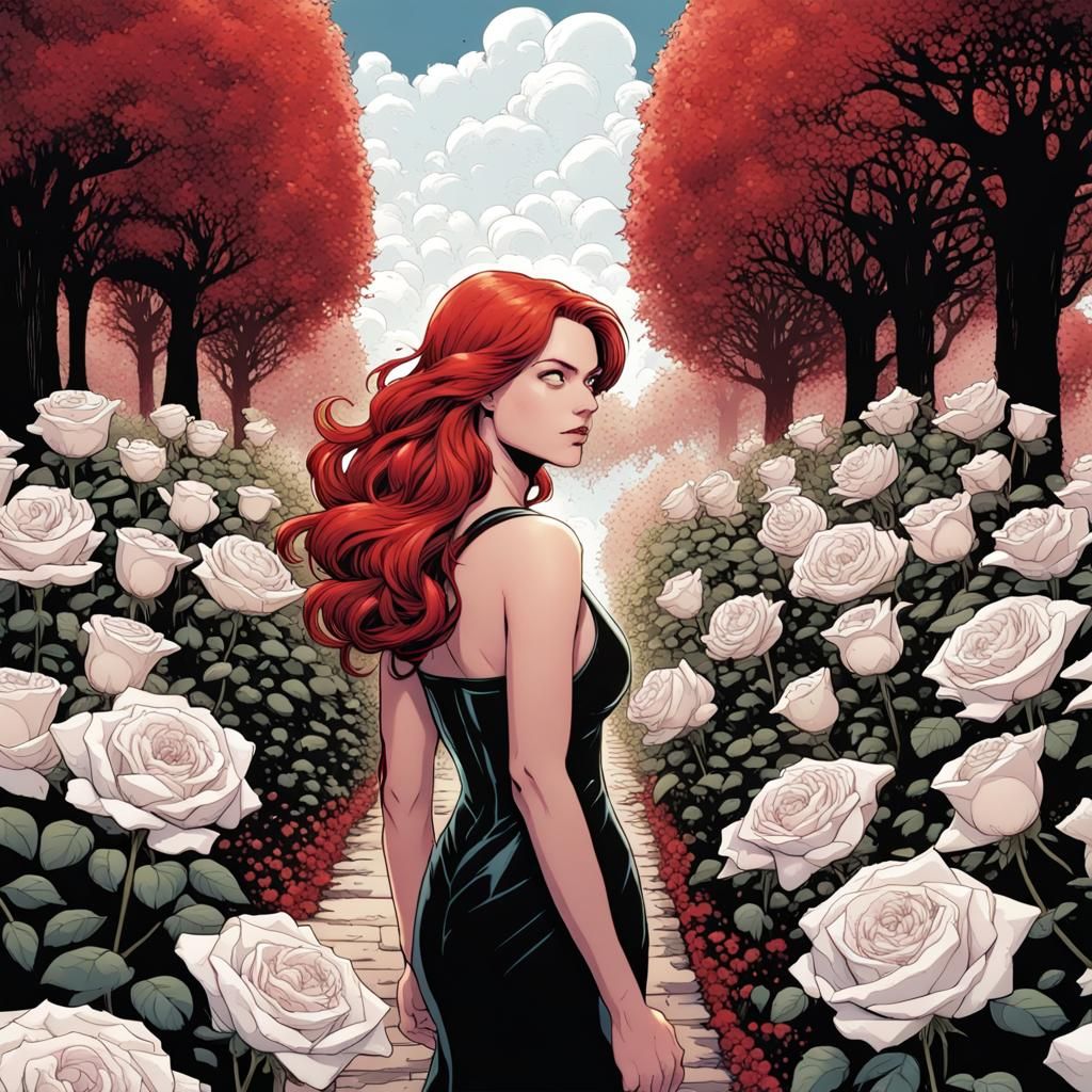 Woman in White Rose Garden, Comic Book Art