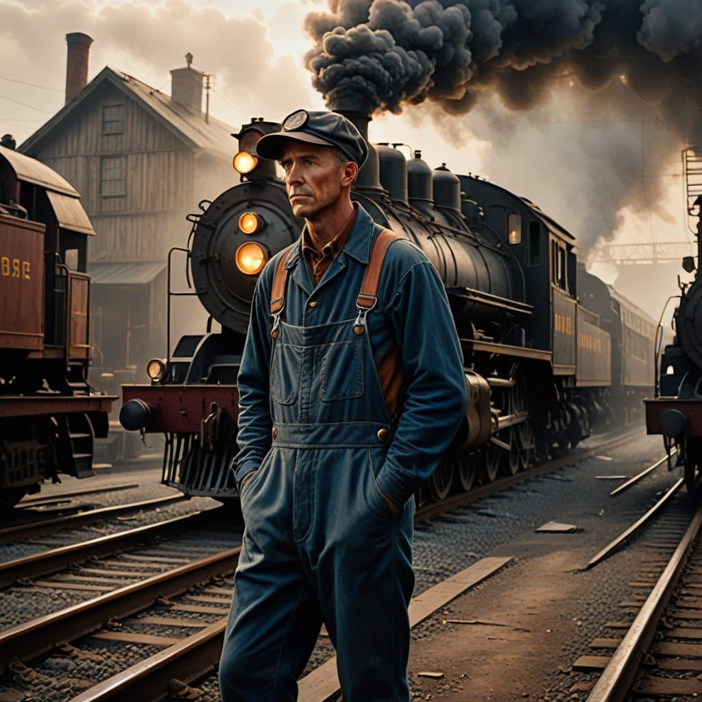 Vintage Train Engineer in a Nostalgic Railway Yard