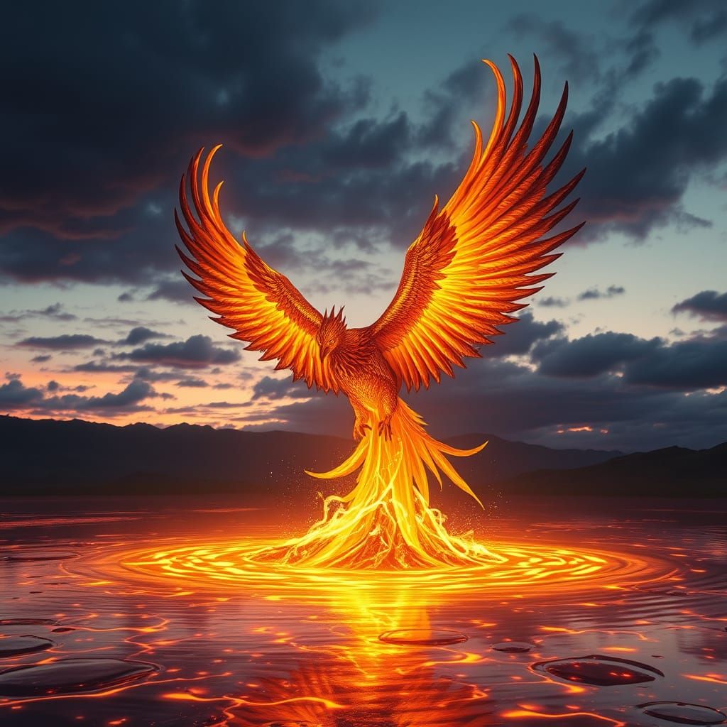 Phoenix Rises from Golden Lake, Illuminating Twilight Sky