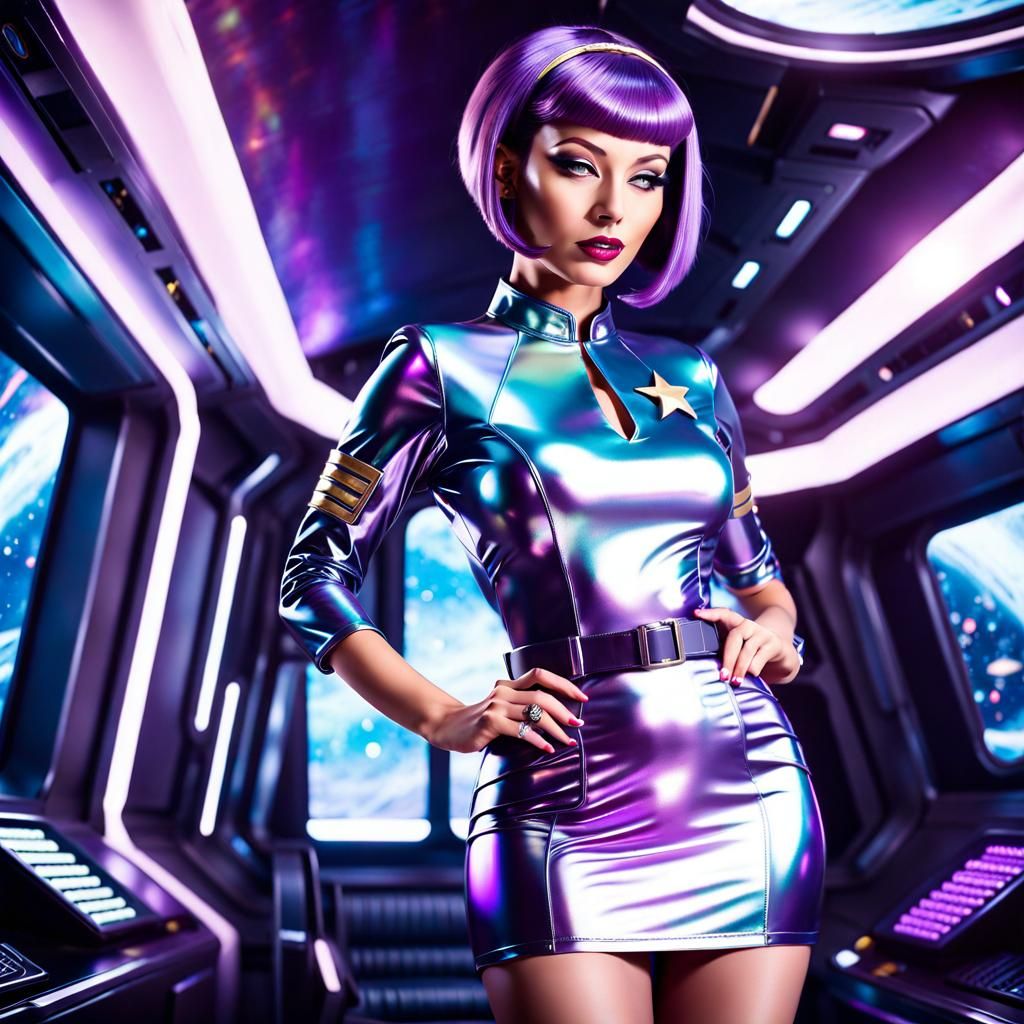 Retro Sci-Fi Alien Pinup in Spaceship Interior