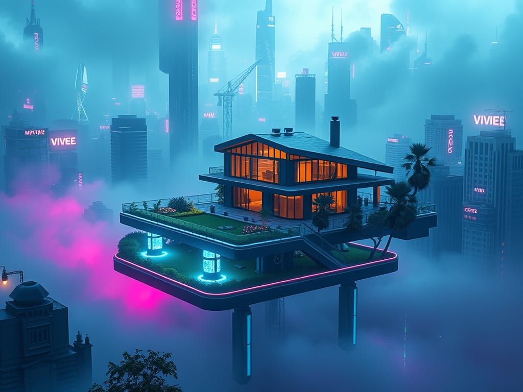 Cyberpunk Floating Metropolis in Deep Blues and Vibrant Hues