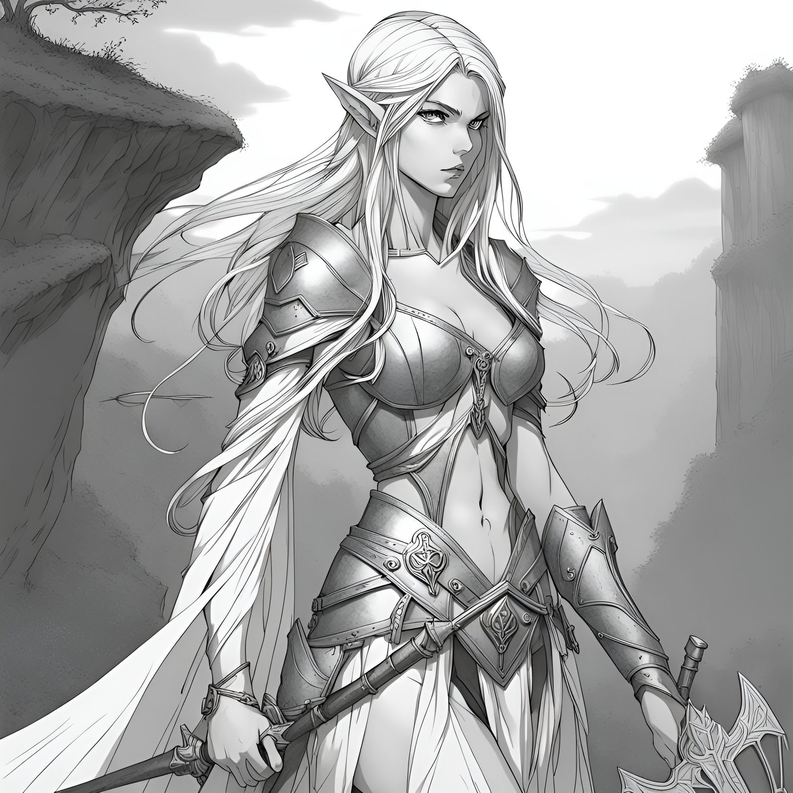 Fantasy Elf Warrior in Line Art Style