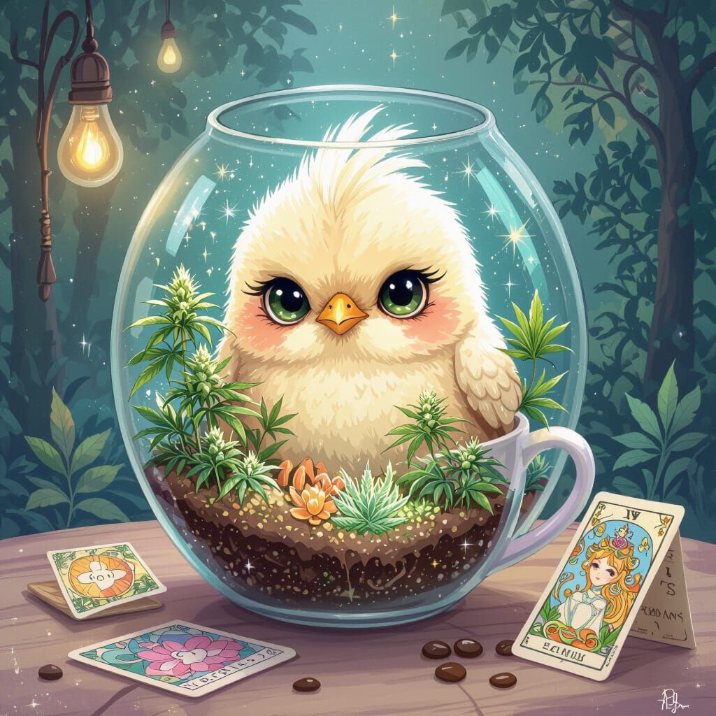 Bioluminescent Chick Terrarium in Psychedelic Anime Style