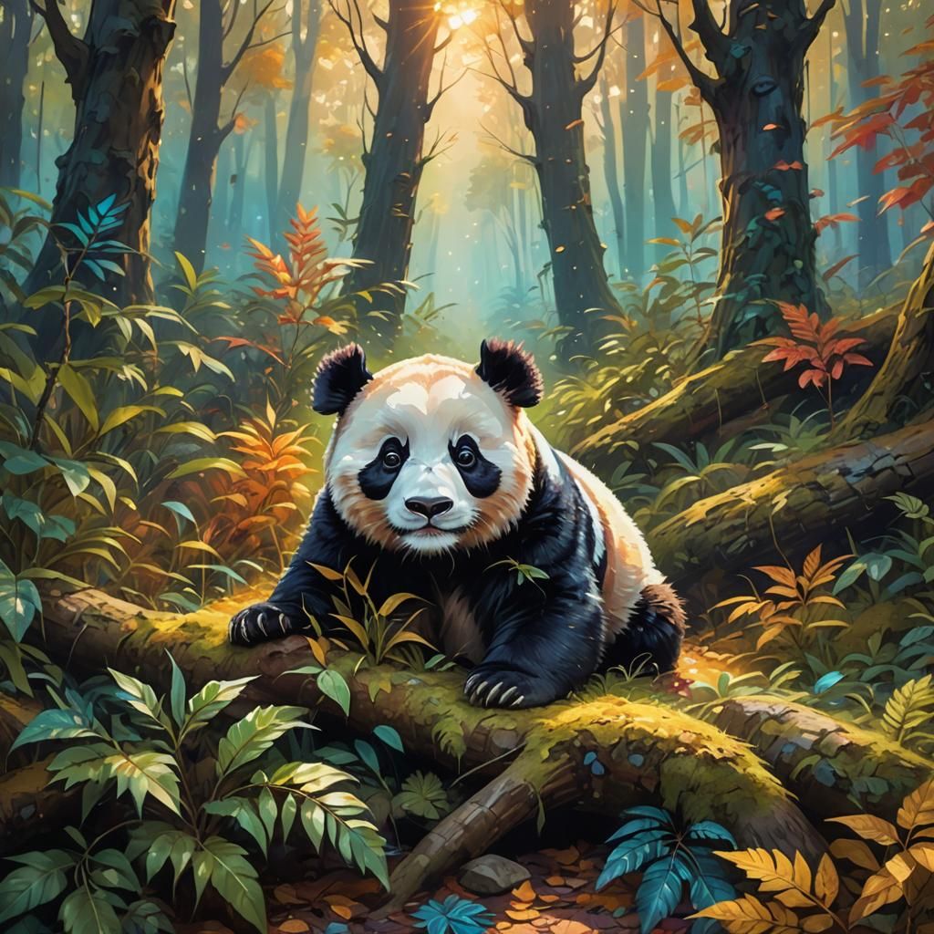 Cute Panda in Vibrant Fantasy Forest