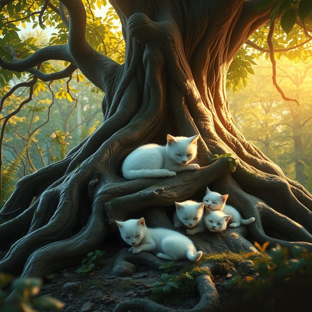 White Cat and Kittens in Mystical Forest, Matte Painting