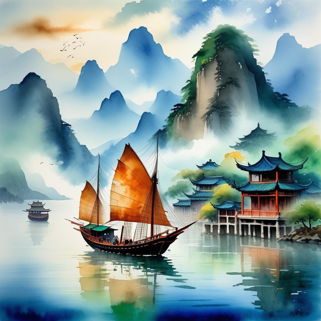 Chinese Junk Sails Misty Bay: Watercolor Painting