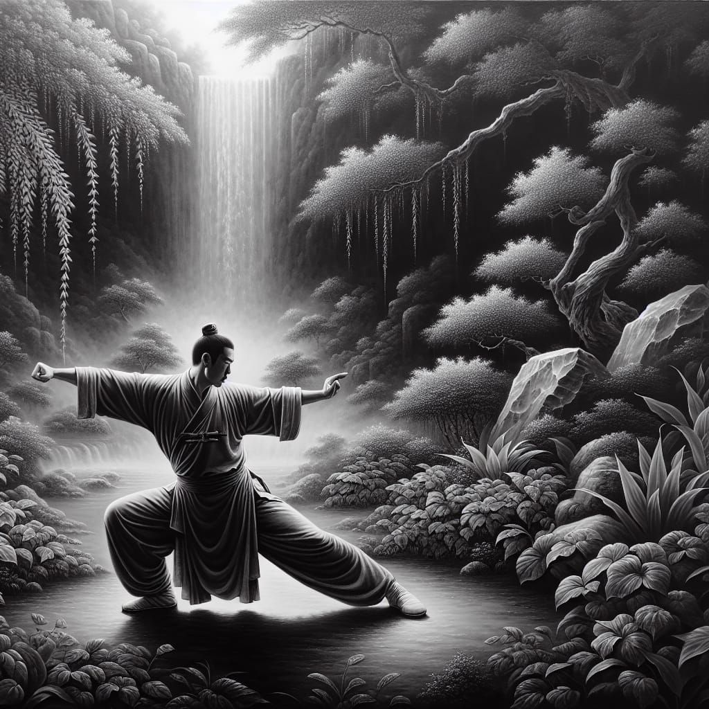 Serene Shaolin Monk in Monochrome Garden