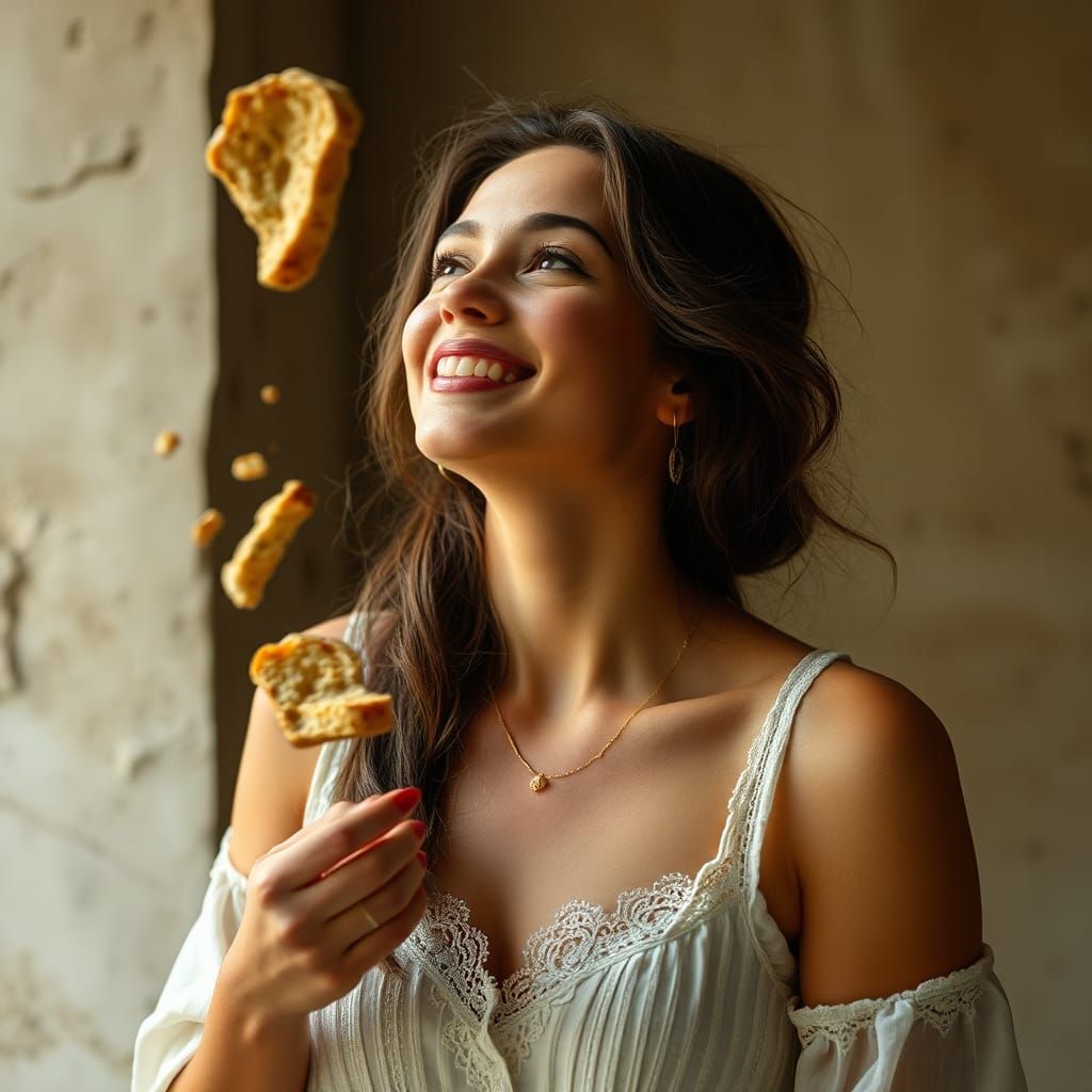 Surreal Breadfall: A Beautiful Woman's Unexpected Bounty