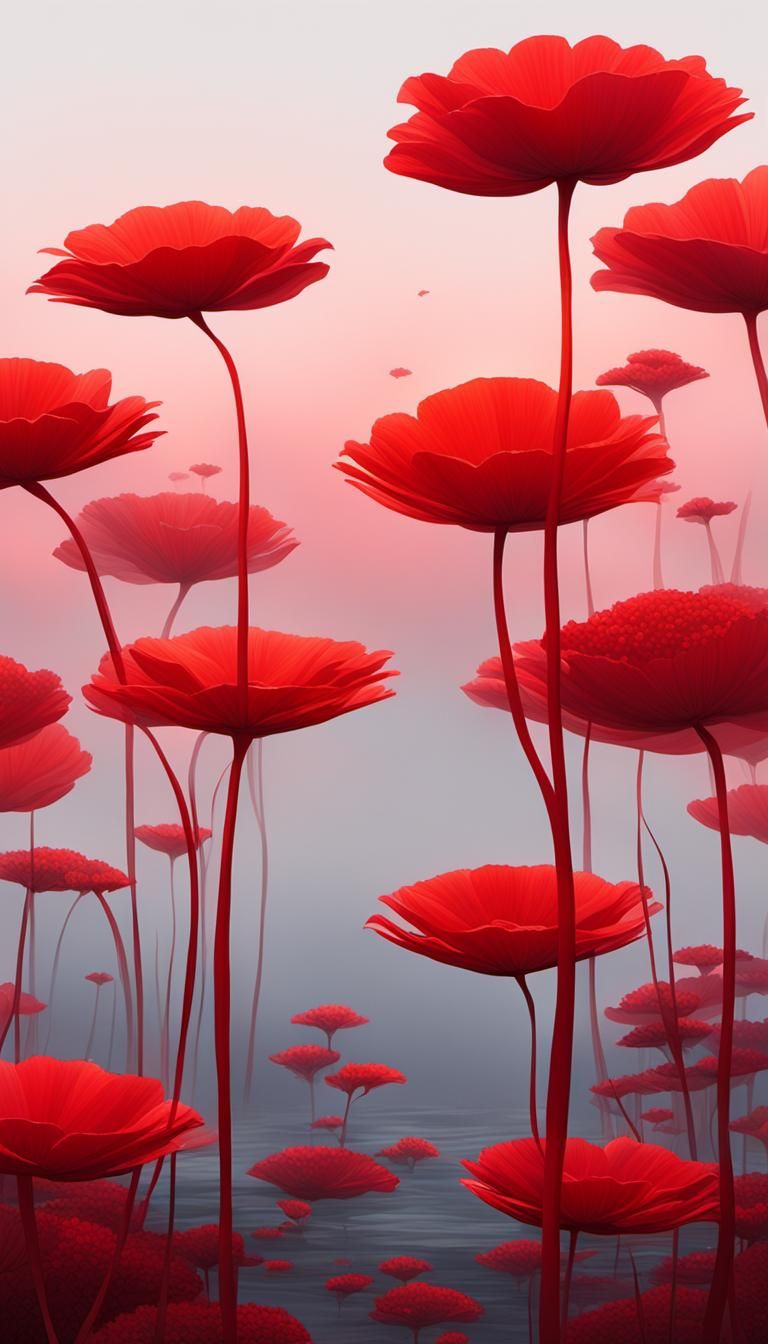 Ethereal Floral Art: Crimson Sunset in Hyperrealism